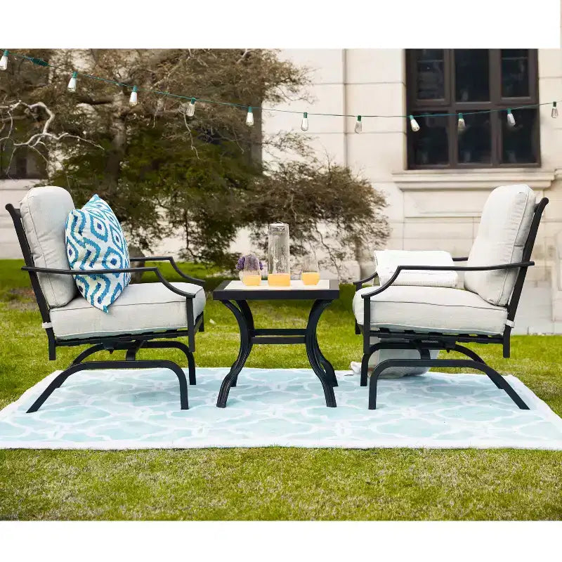 3pc Striped Steel Frame Patio Seating Sets Cream - Lokatse: Outdoor Conversation Set with Rocking Chairs & Accent Table