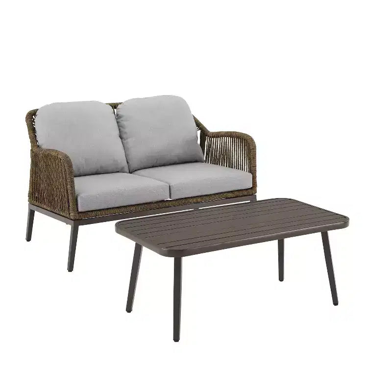 Ensemble de conversation d'extérieur 2 pièces en osier Haven - Gris clair - Crosley : Comprend une causeuse et une table basse, coussins amovibles