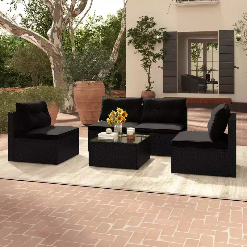 Costway 5 Piece Outdoor Furniture Set with Seat & Back Cushions Tempered Glass Tabletop Black/Blue