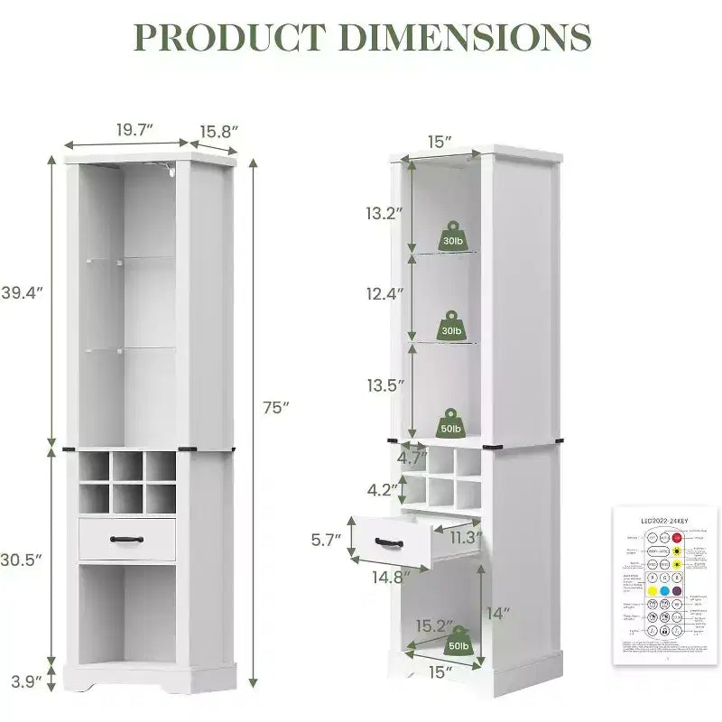 Armoire de rangement de 75 pouces de haut avec lumière LED, armoire de garde-manger de style ferme avec étagères réglables en verre trempé, casier à vin
