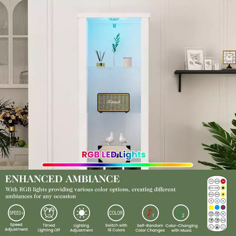 Armoire de rangement de 75 pouces de haut avec lumière LED, armoire de garde-manger de style ferme avec étagères réglables en verre trempé, casier à vin