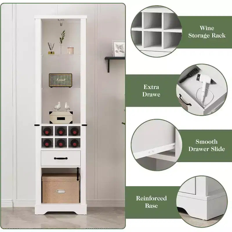 Armoire de rangement de 75 pouces de haut avec lumière LED, armoire de garde-manger de style ferme avec étagères réglables en verre trempé, casier à vin
