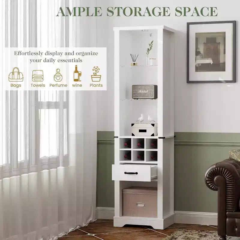 Armoire de rangement de 75 pouces de haut avec lumière LED, armoire de garde-manger de style ferme avec étagères réglables en verre trempé, casier à vin