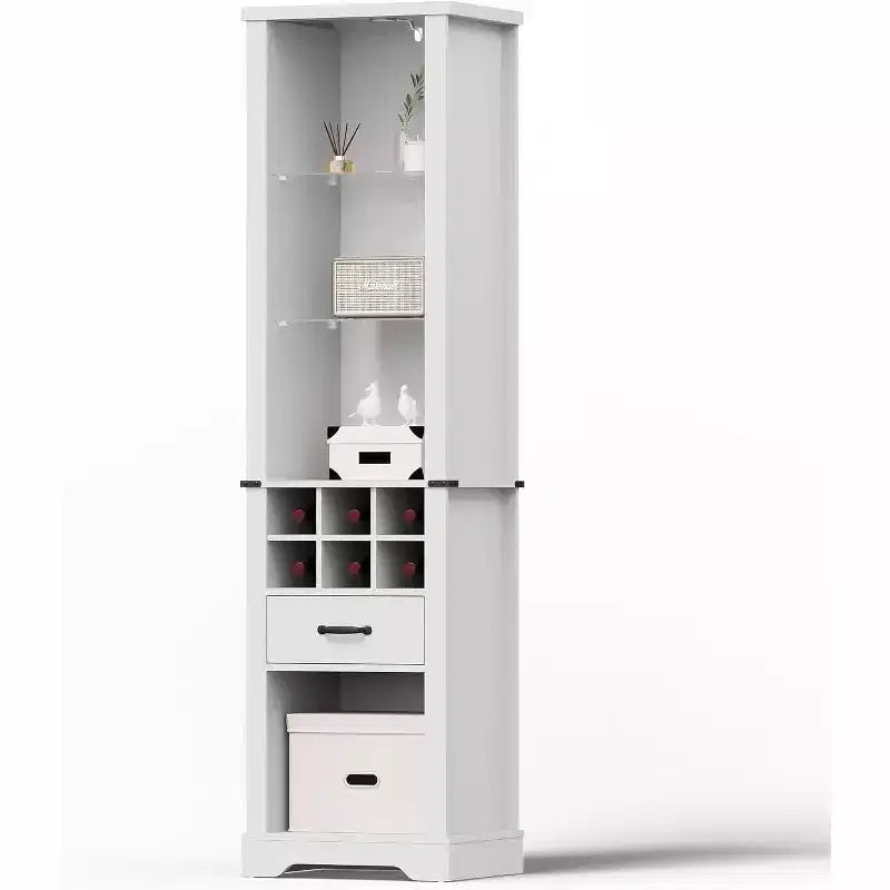 Armoire de rangement de 75 pouces de haut avec lumière LED, armoire de garde-manger de style ferme avec étagères réglables en verre trempé, casier à vin
