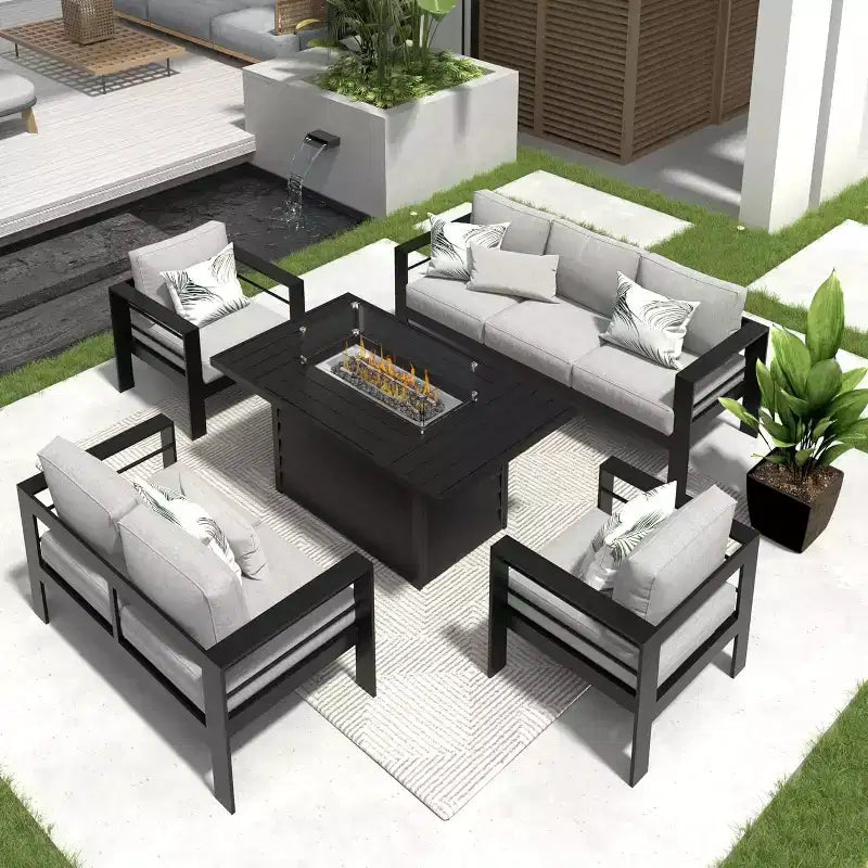Heynemo Aluminum Patio Furniture Set with Fire Pit Table, 5 Piece Outdoor Furniture with Cushions for Balcony, Front Porch, and Backyard