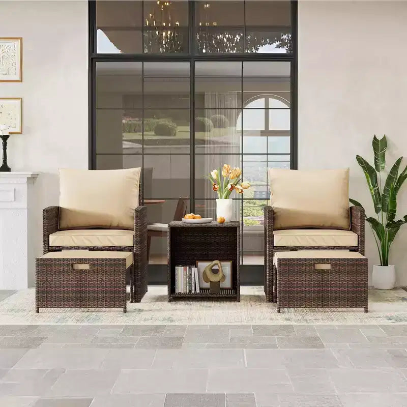 5 Piece Patio Furniture Set, Outdoor Wicker Conversation Set with 2 Ottoman, Rattan Coffee Table & Soft Cushions for Balcony, Porch, Deck
