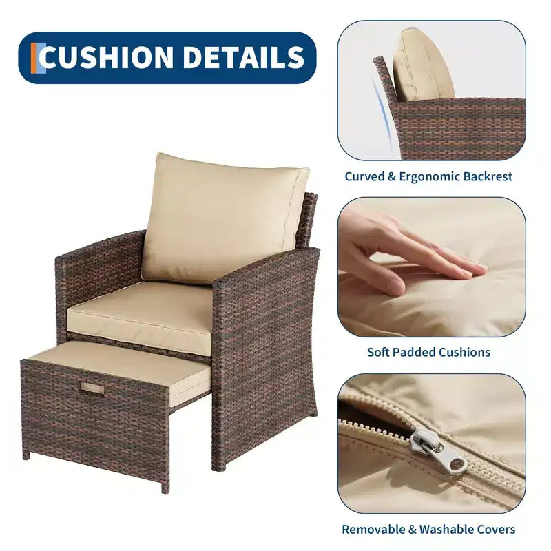 Ensemble de mobilier de patio 5 pièces, salon de conversation en osier pour extérieur avec 2 poufs, table basse en rotin et coussins moelleux pour balcon, véranda, terrasse
