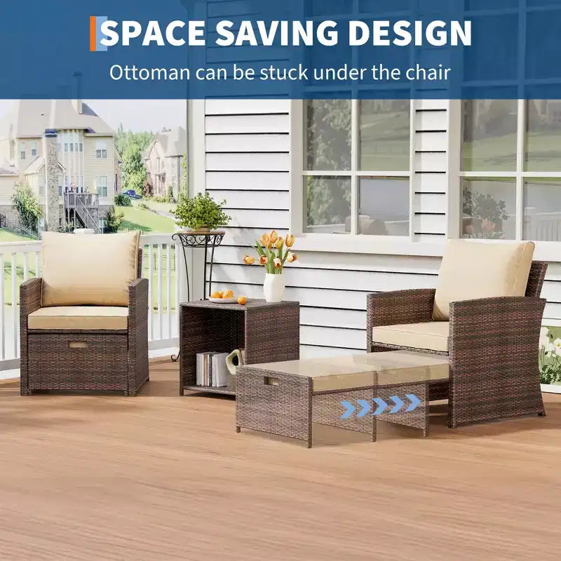 Ensemble de mobilier de patio 5 pièces, salon de conversation en osier pour extérieur avec 2 poufs, table basse en rotin et coussins moelleux pour balcon, véranda, terrasse