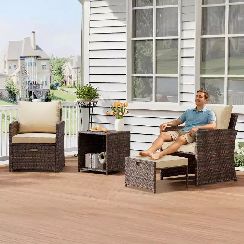Ensemble de mobilier de patio 5 pièces, salon de conversation en osier pour extérieur avec 2 poufs, table basse en rotin et coussins moelleux pour balcon, véranda, terrasse