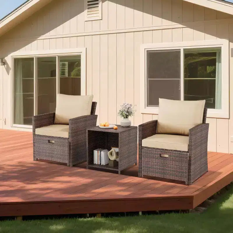 Ensemble de mobilier de patio 5 pièces, salon de conversation en osier pour extérieur avec 2 poufs, table basse en rotin et coussins moelleux pour balcon, véranda, terrasse