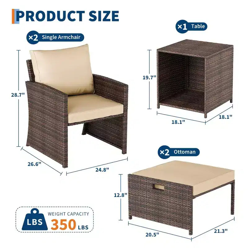 Ensemble de mobilier de patio 5 pièces, salon de conversation en osier pour extérieur avec 2 poufs, table basse en rotin et coussins moelleux pour balcon, véranda, terrasse