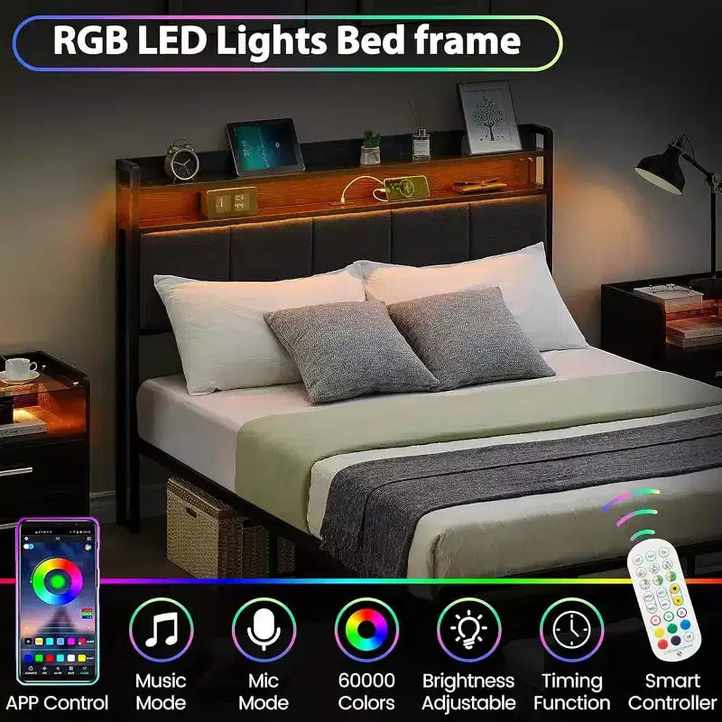 Cadre de lit avec tête de lit de rangement, lumières LED, station de charge, 2 tiroirs, pas besoin de sommier tapissier, montage facile