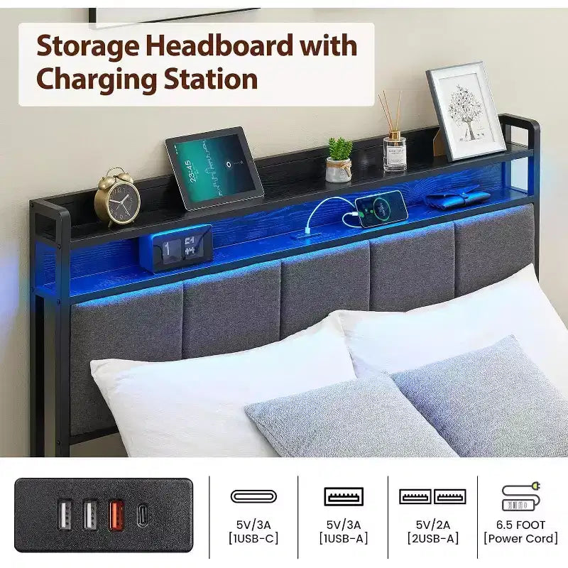 Cadre de lit avec tête de lit de rangement, lumières LED, station de charge, 2 tiroirs, pas besoin de sommier tapissier, montage facile