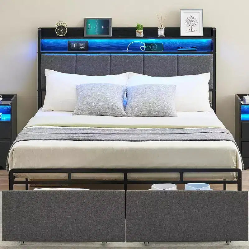 Cadre de lit avec tête de lit de rangement, lumières LED, station de charge, 2 tiroirs, pas besoin de sommier tapissier, montage facile