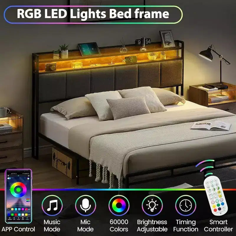 Cadre de lit avec tête de lit de rangement, lumières LED, station de charge, 2 tiroirs, pas besoin de sommier tapissier, montage facile
