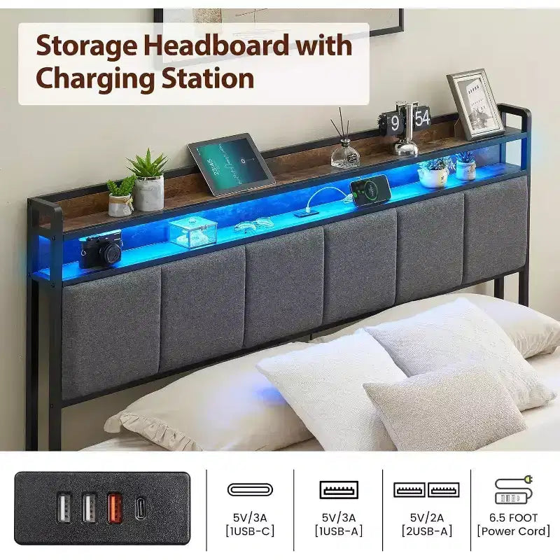 Cadre de lit avec tête de lit de rangement, lumières LED, station de charge, 2 tiroirs, pas besoin de sommier tapissier, montage facile