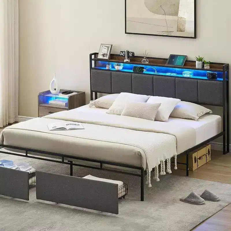 Cadre de lit avec tête de lit de rangement, lumières LED, station de charge, 2 tiroirs, pas besoin de sommier tapissier, montage facile