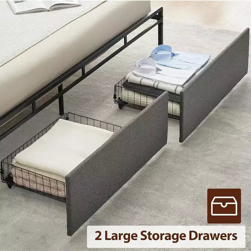 Cadre de lit avec tête de lit de rangement, lumières LED, station de charge, 2 tiroirs, pas besoin de sommier tapissier, montage facile
