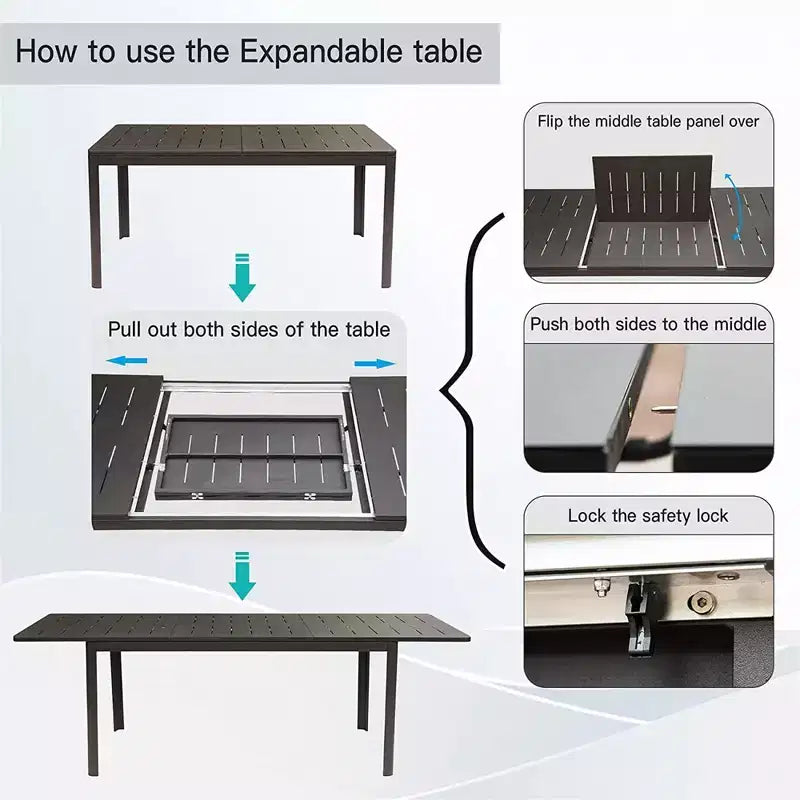 Table à manger extensible 65-95 pour patio, table rectangulaire en métal aluminium pour 6 à 8 personnes