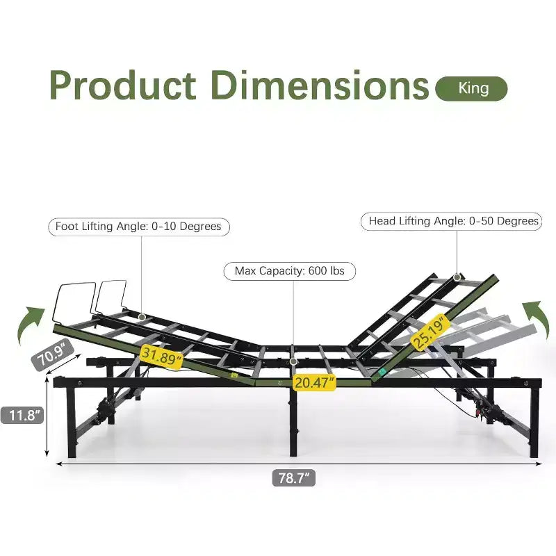 Sommier électrique réglable avec télécommande filaire, fonction d'inclinaison ergonomique des pieds et de la tête, King