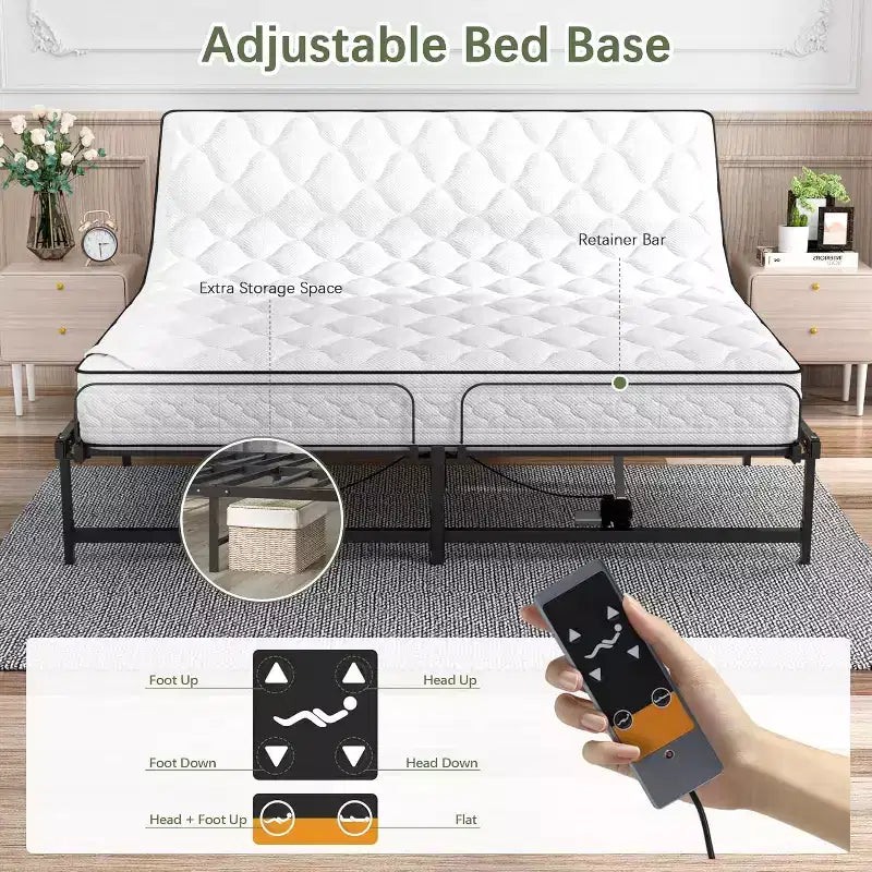 Sommier électrique réglable avec télécommande filaire, fonction d'inclinaison ergonomique des pieds et de la tête, King