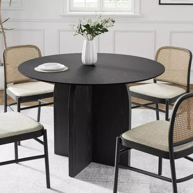 Table à manger ronde en bois massif de 42 x 42 po, finition noire et pieds arqués élégants, pour salles à manger et cuisines modernes