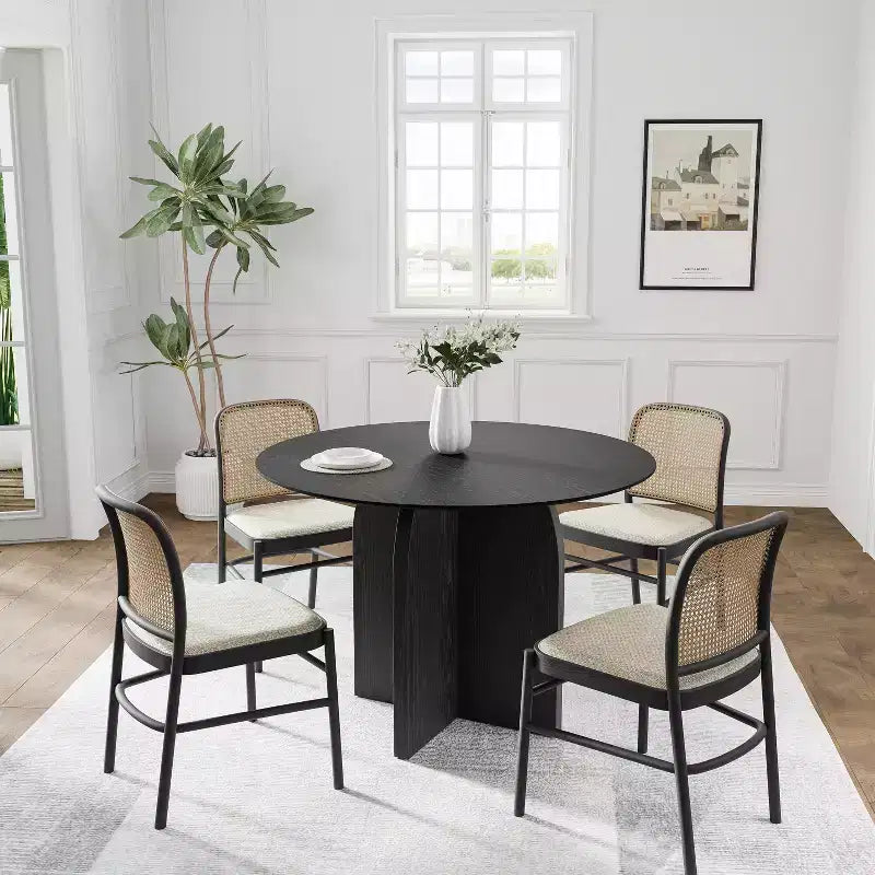 Table à manger ronde en bois massif de 42 x 42 po, finition noire et pieds arqués élégants, pour salles à manger et cuisines modernes
