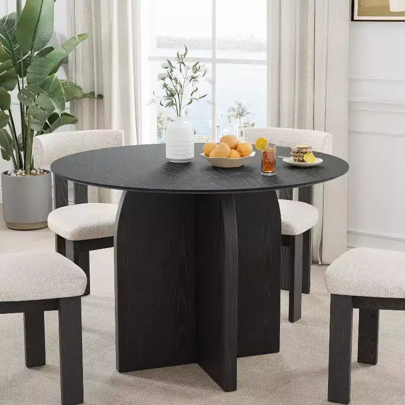 Table à manger ronde en bois massif de 42 x 42 po, finition noire et pieds arqués élégants, pour salles à manger et cuisines modernes