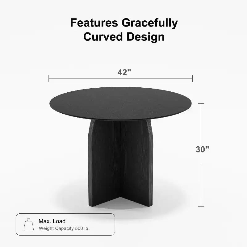 Table à manger ronde en bois massif de 42 x 42 po, finition noire et pieds arqués élégants, pour salles à manger et cuisines modernes