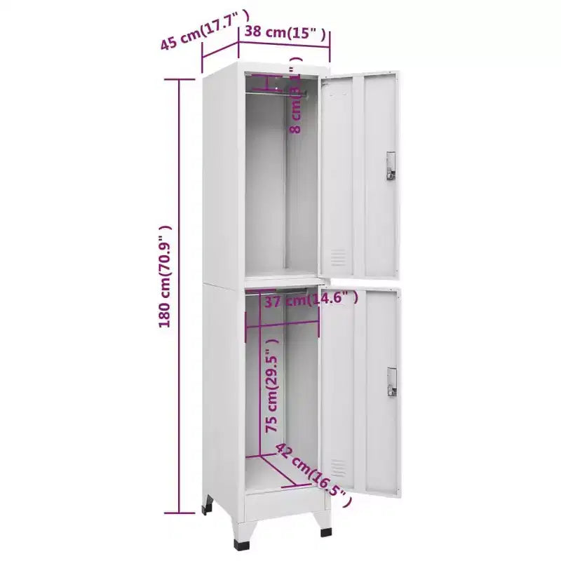 Armoire de rangement en acier, gris industriel, 2 casiers, grand rangement rectangulaire
