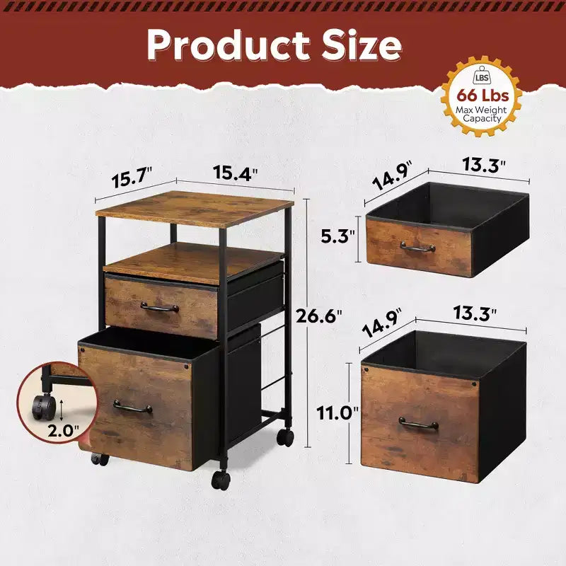 Classeur mobile 2 tiroirs avec étagère de rangement ouverte, support d'imprimante roulant pour bureau à domicile, format A4, grain de bois marron rustique