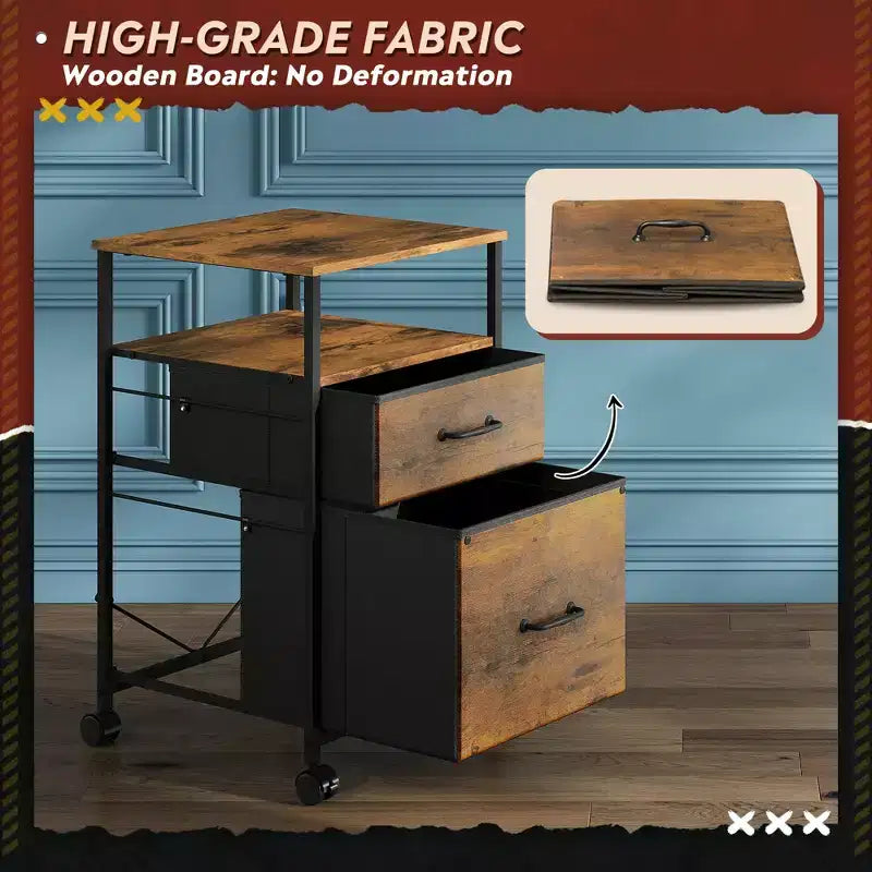 Classeur mobile 2 tiroirs avec étagère de rangement ouverte, support d'imprimante roulant pour bureau à domicile, format A4, grain de bois marron rustique