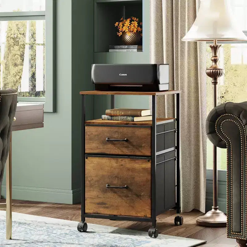 Classeur mobile 2 tiroirs avec étagère de rangement ouverte, support d'imprimante roulant pour bureau à domicile, format A4, grain de bois marron rustique