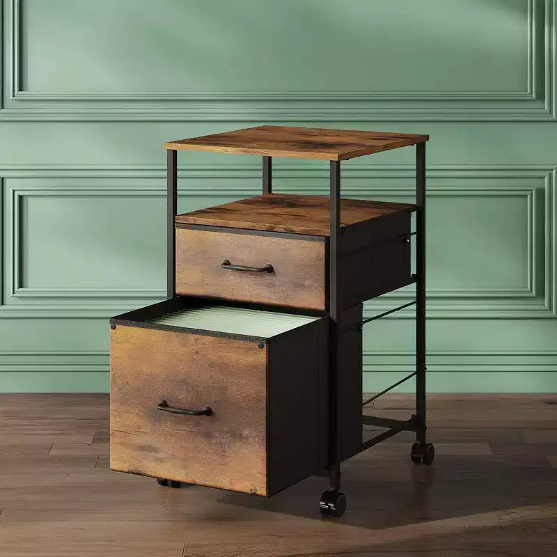 Classeur mobile 2 tiroirs avec étagère de rangement ouverte, support d'imprimante roulant pour bureau à domicile, format A4, grain de bois marron rustique