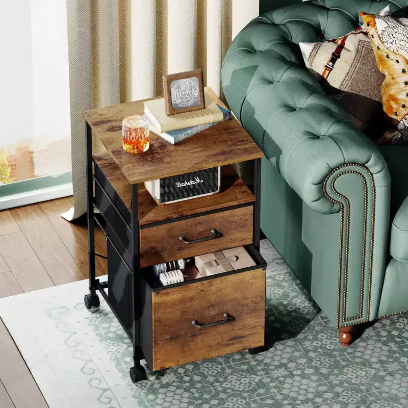 Classeur mobile 2 tiroirs avec étagère de rangement ouverte, support d'imprimante roulant pour bureau à domicile, format A4, grain de bois marron rustique