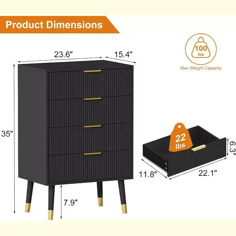 Commode à 4 tiroirs avec poignées en métal doré, commode cannelée pour chambre, salon et entrée