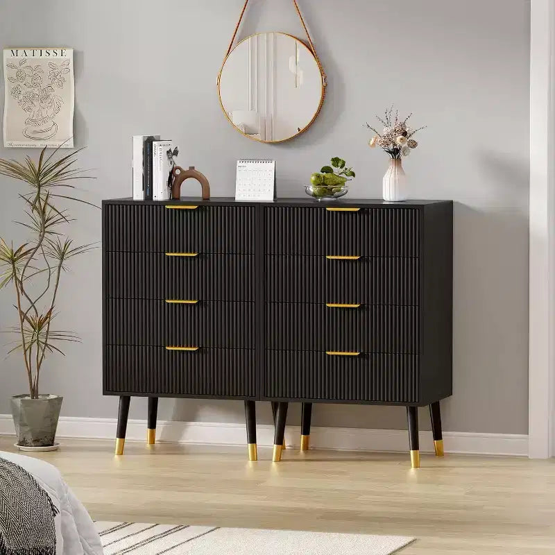 Commode à 4 tiroirs avec poignées en métal doré, commode cannelée pour chambre, salon et entrée
