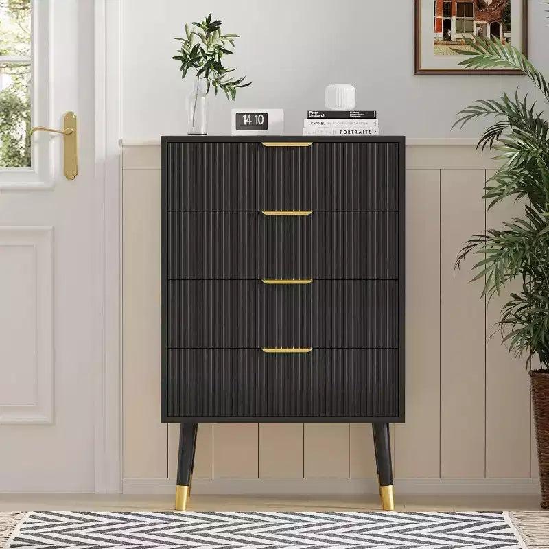 Commode à 4 tiroirs avec poignées en métal doré, commode cannelée pour chambre, salon et entrée
