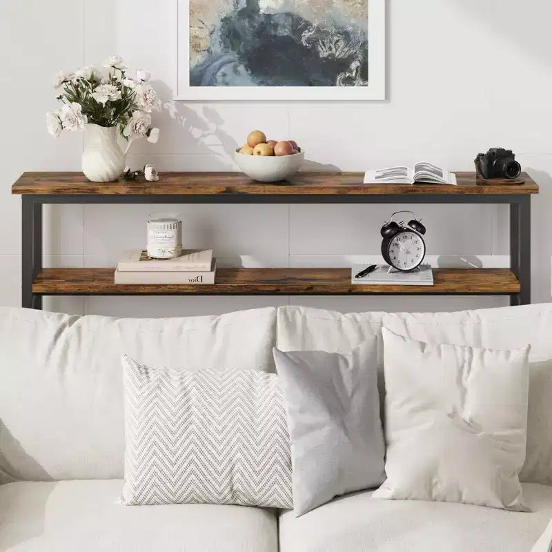 Console étroite, Table d'entrée fine de 15 cm, 2 niveaux avec étagère réglable, Table de canapé industrielle étroite, Table d'appoint derrière le canapé
