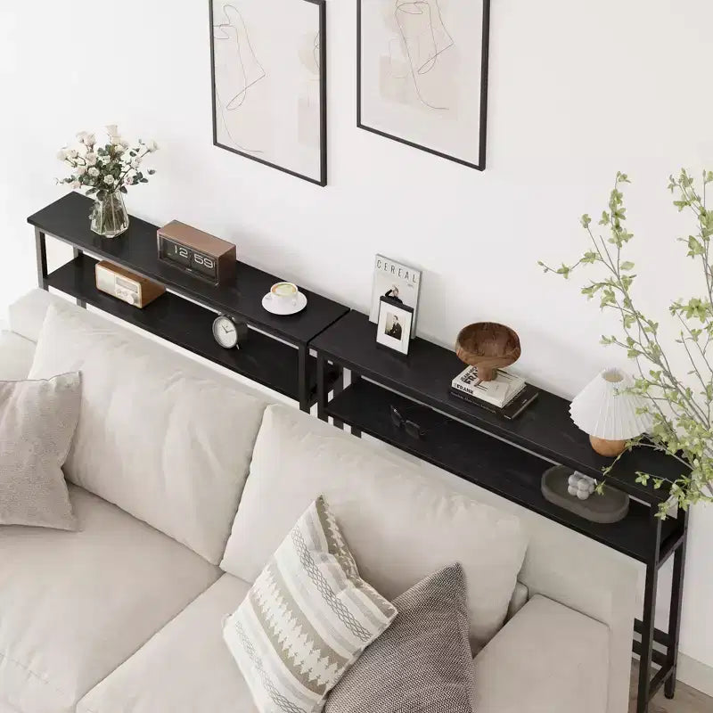 Console étroite, Table d'entrée fine de 15 cm, 2 niveaux avec étagère réglable, Table de canapé industrielle étroite, Table d'appoint derrière le canapé