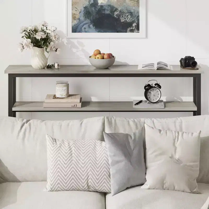 Console étroite, Table d'entrée fine de 15 cm, 2 niveaux avec étagère réglable, Table de canapé industrielle étroite, Table d'appoint derrière le canapé