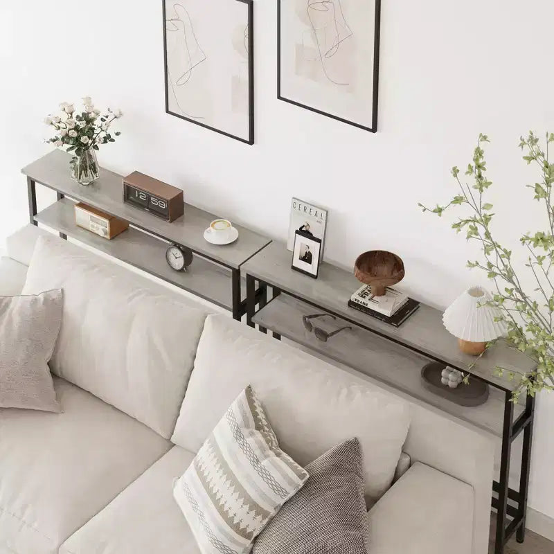 Console étroite, Table d'entrée fine de 15 cm, 2 niveaux avec étagère réglable, Table de canapé industrielle étroite, Table d'appoint derrière le canapé