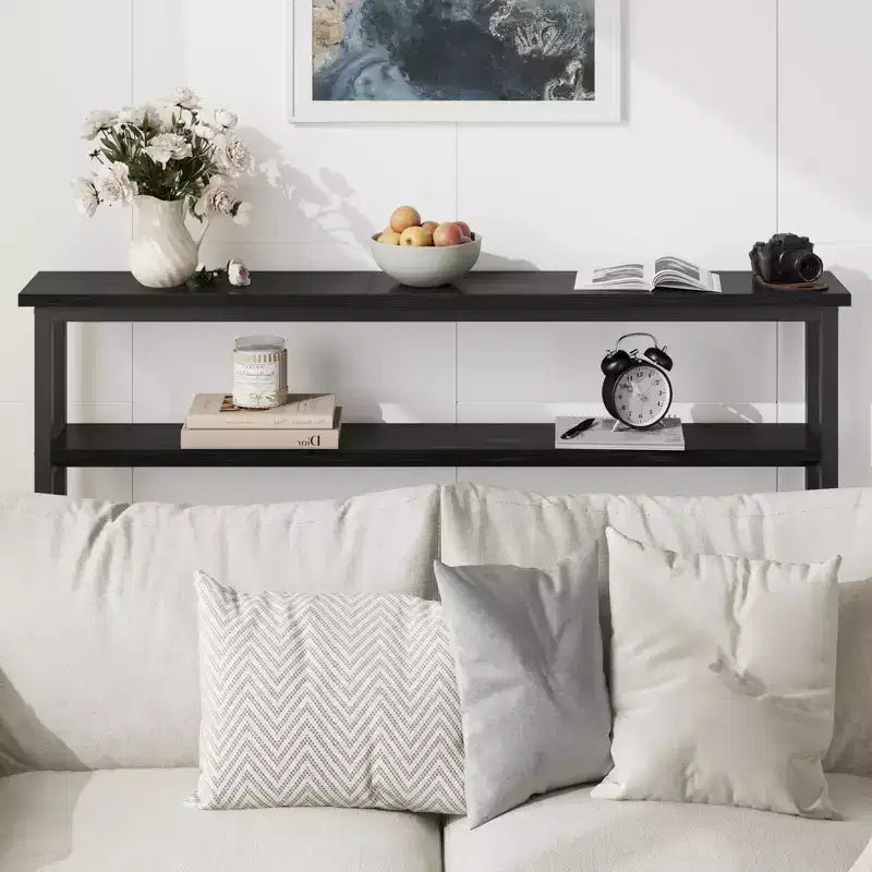 Console étroite, Table d'entrée fine de 15 cm, 2 niveaux avec étagère réglable, Table de canapé industrielle étroite, Table d'appoint derrière le canapé