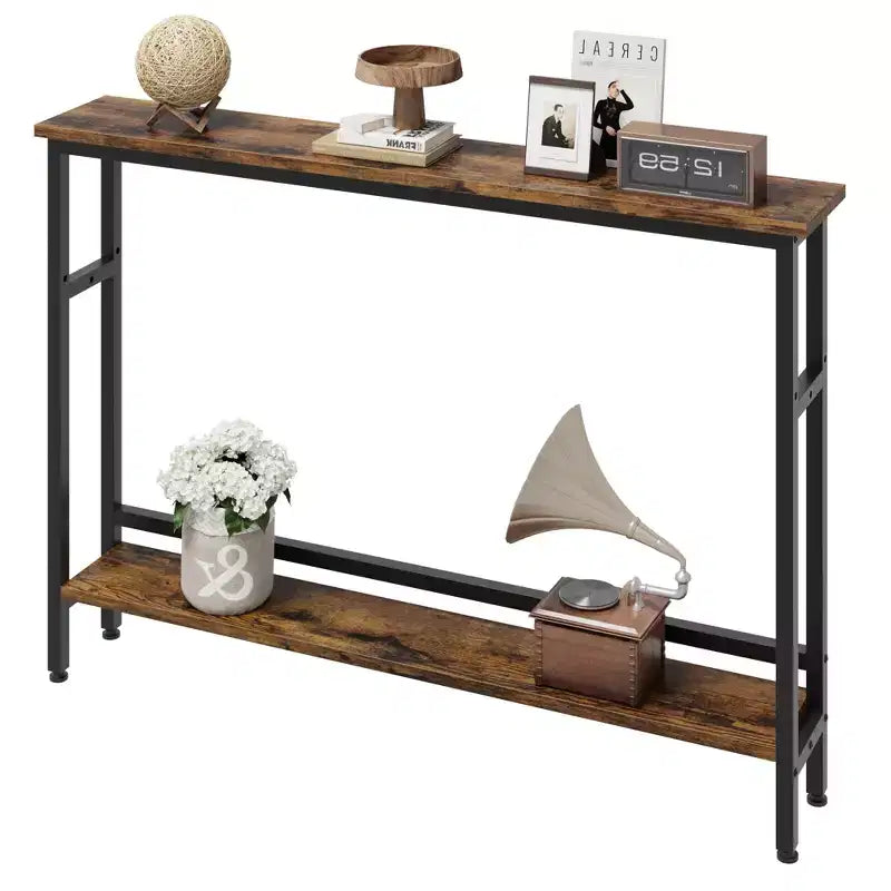 Console étroite, Table d'entrée fine de 15 cm, 2 niveaux avec étagère réglable, Table de canapé industrielle étroite, Table d'appoint derrière le canapé