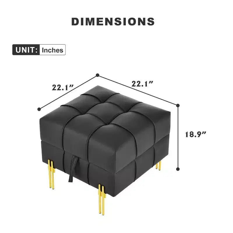 Pouffe de rangement en cuir anti-rayures de 22 pouces, banc d'entrée acceptant les animaux de compagnie avec pieds en acier inoxydable doré, noir