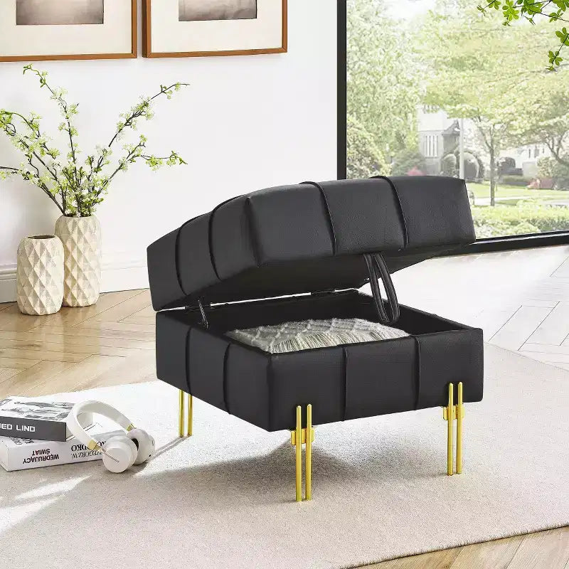 Pouffe de rangement en cuir anti-rayures de 22 pouces, banc d'entrée acceptant les animaux de compagnie avec pieds en acier inoxydable doré, noir