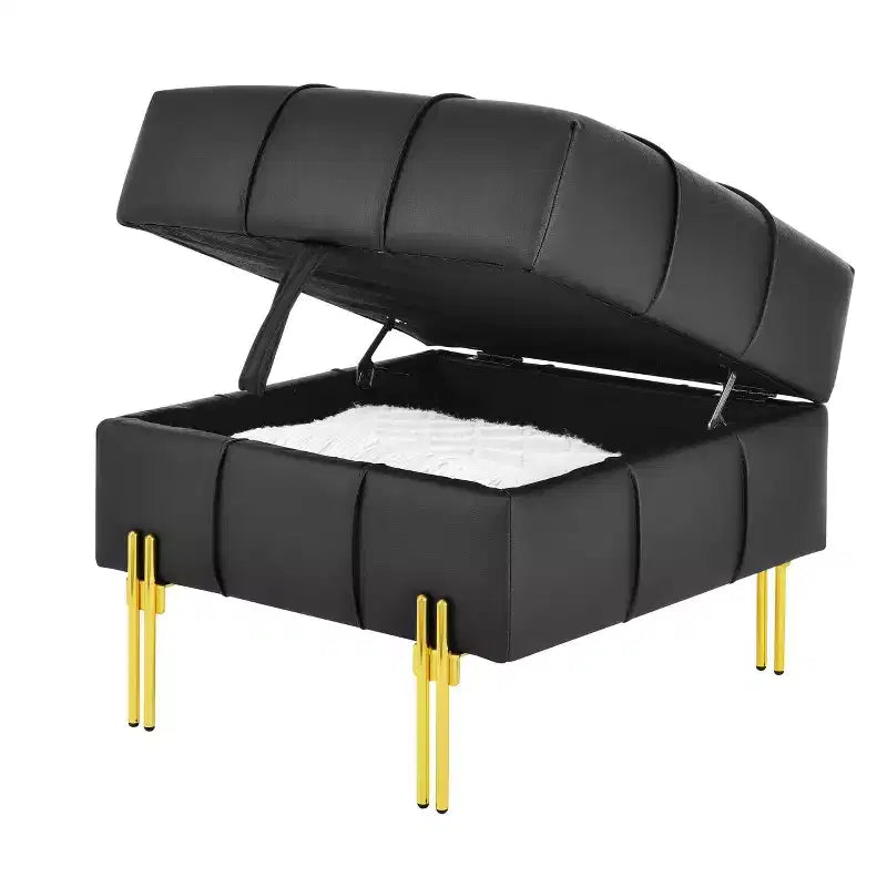 Pouffe de rangement en cuir anti-rayures de 22 pouces, banc d'entrée acceptant les animaux de compagnie avec pieds en acier inoxydable doré, noir