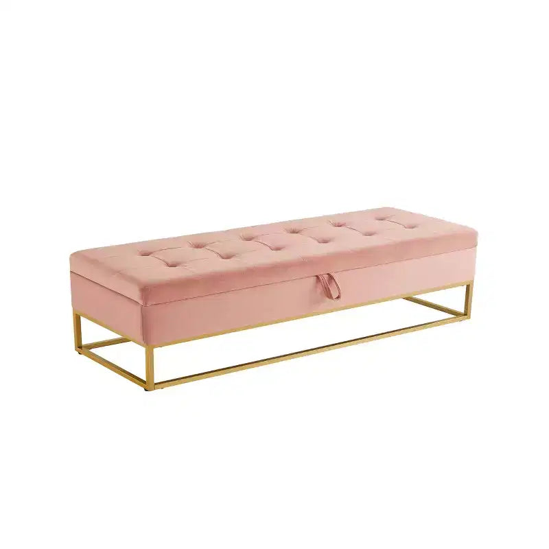 Banc de Rangement en Velours avec Base en Métal, Banc de Lit pour Salon, Rose