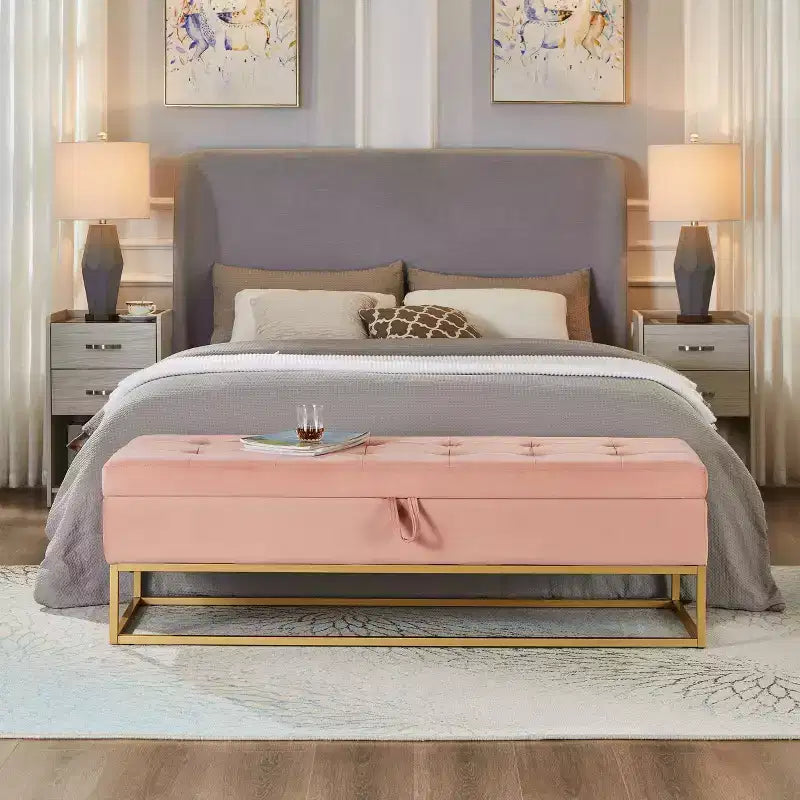 Banc de Rangement en Velours avec Base en Métal, Banc de Lit pour Salon, Rose