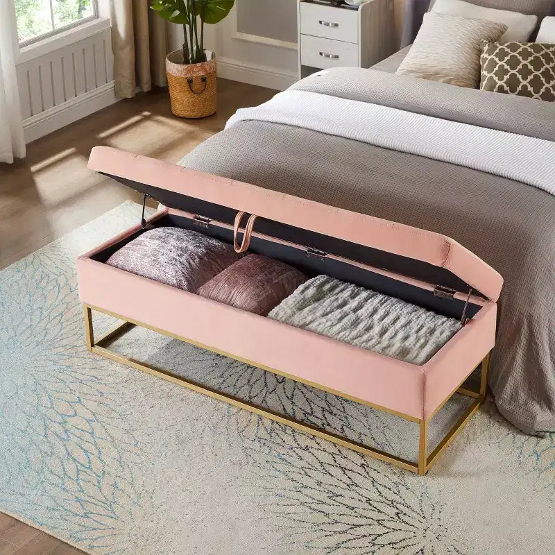 Banc de Rangement en Velours avec Base en Métal, Banc de Lit pour Salon, Rose